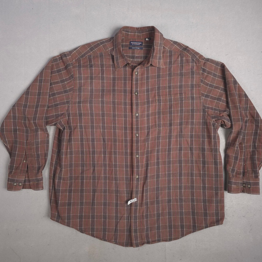 Roundtree & Yorke 2X Brown Plaid Button Down Long‎ Sleeve Cotton Shirt